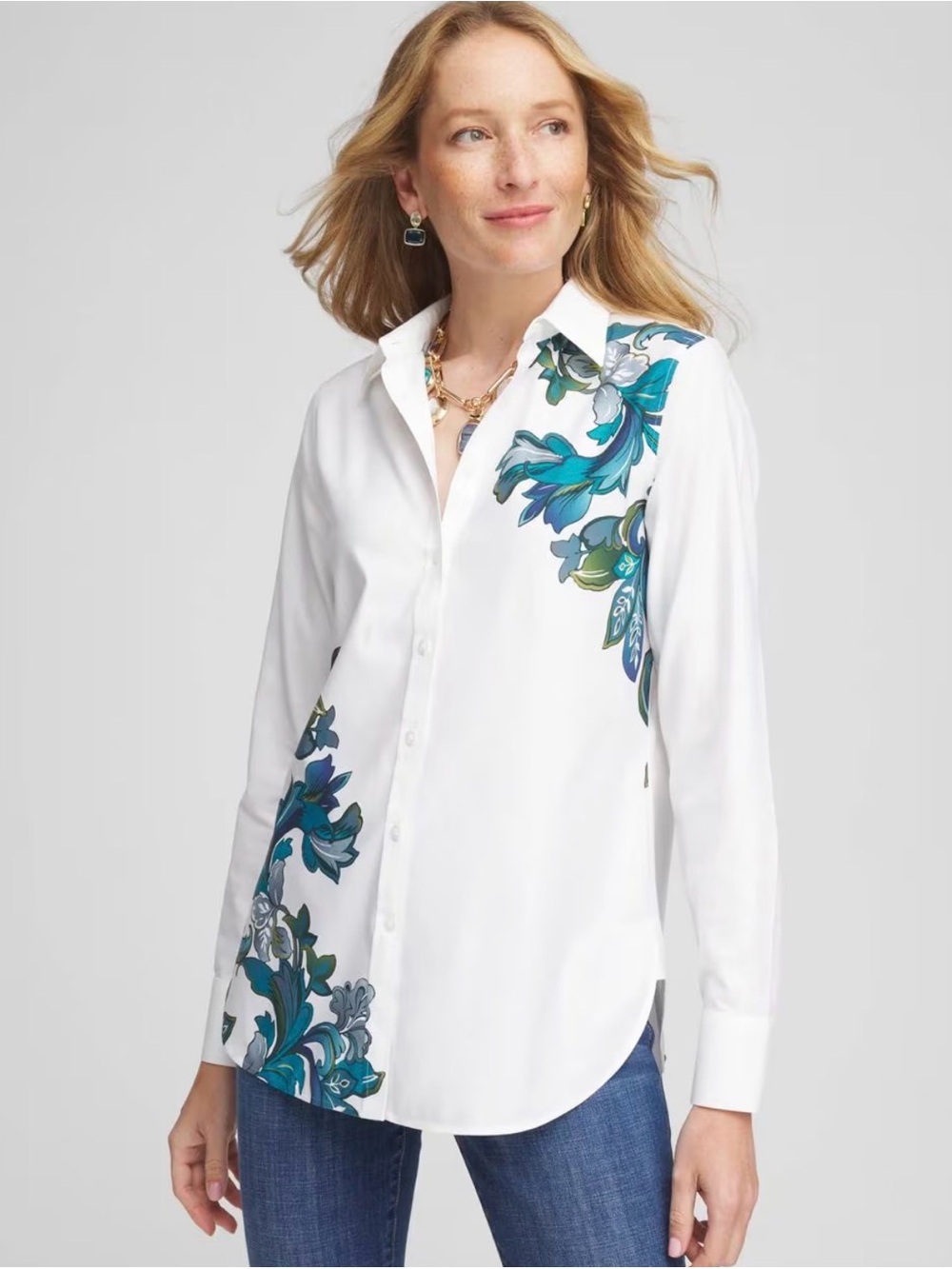 Chicos NWT $89 No Iron Floral Scrolls Shirt Sz 1 (8) Enchanted Garden Print